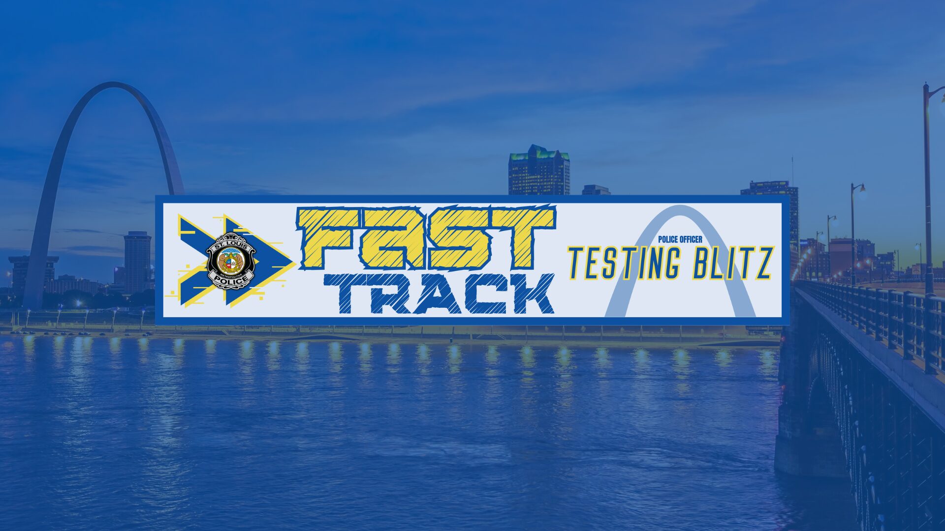 Photo of the St. Louis skyline and the Fast Track Testing Day Blitz logo